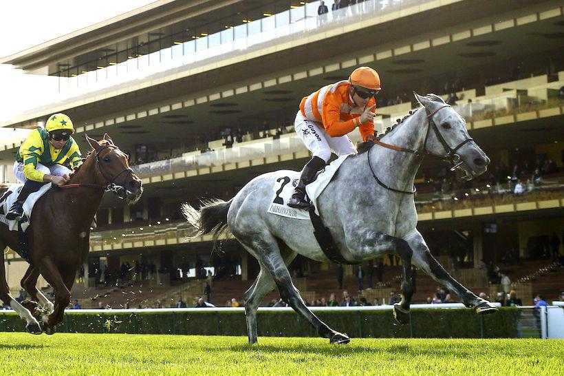 Skalleti et Maxime Guyon remportent le Prix d'Harcourt (Gr2), le dimanche 10 avril 2022 sur l'hippodrome de Longchamp à Paris.