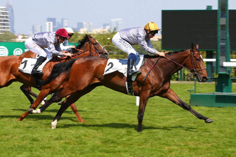 Place du Carrousel et Mickaël Barzalona remportant le Prix Cléopâtre (Gr3) pour l'écurie Al Shaqab, le vendredi 29 avril 2022 sur l'hippodrome de Saint-Cloud.