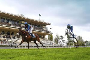 Sel Jem et Johnny Charron dominent un courageux Dream Wish à l'arrivée du Prix Murat, le 9 avril 2022 sur l'hippodrome d'Auteuil à Paris.
