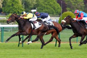 The Good Man et Théo Bachelot (en jaune et bleu) prennent l'avantage dans les dernières mètres du Prix de Barbeville (Gr3), le dimanche 1er mai 2022 sur l'hippodrome de Longchamp, à Paris.