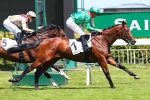 Dolayli et Christophe Soumillon s'imposent dans le Prix Mississipian, le 1er juin 2022 sur l'hippodrome de Saint-Cloud.
